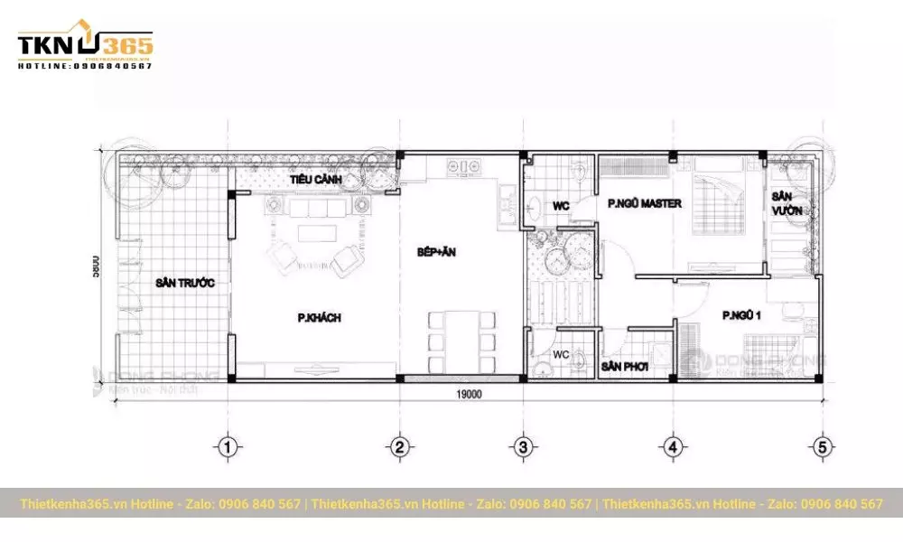 Bản thiết kế nhà ống 1 tầng 2 phòng ngủ