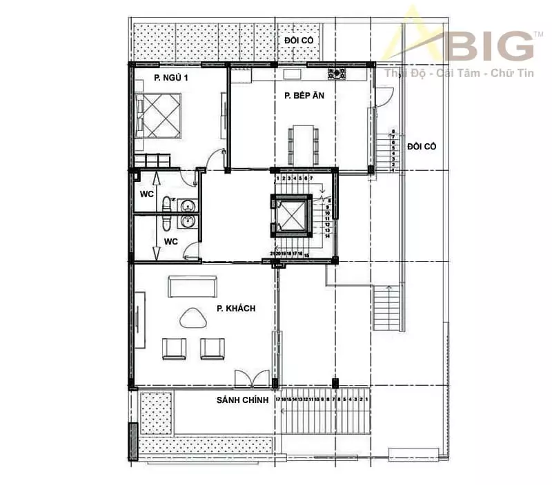 Mặt bằng công năng tầng 2 của biệt thự 4 tầng.