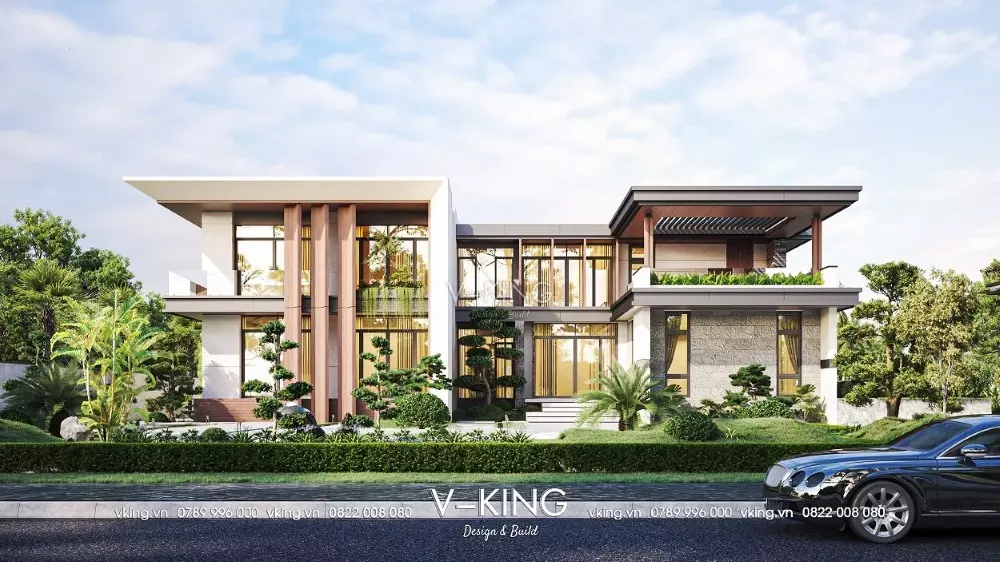 Mặt tiền chính của villa 2 tầng phong cách nhiệt đới