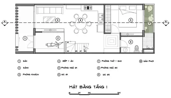 Bản vẽ nhà ống 2 tầng 5x20m