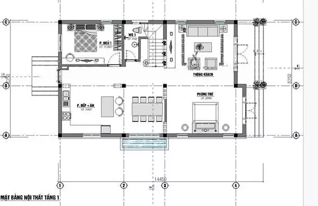 Bản vẽ nhà 2 tầng mái nhật phòng thờ tầng 1