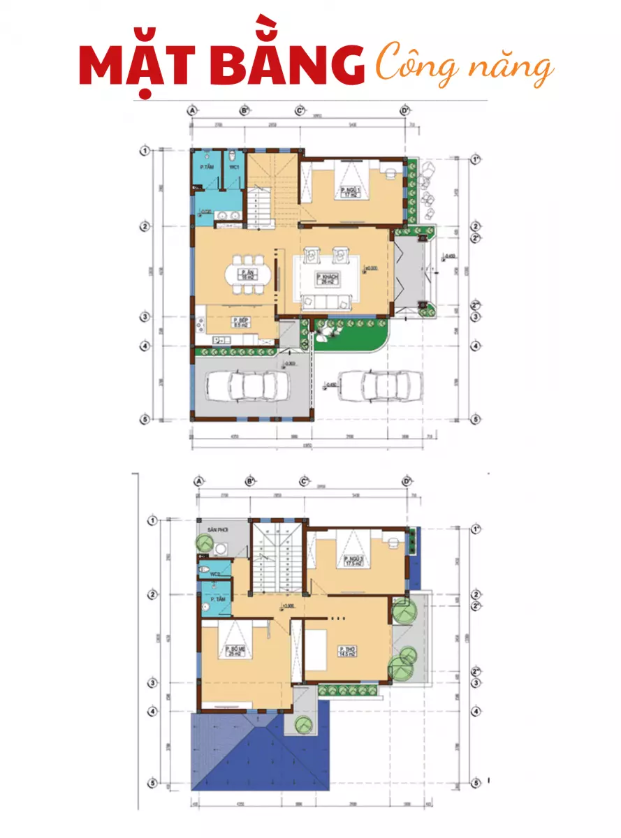 Bản vẽ biệt thự 2 tầng 3 phòng ngủ