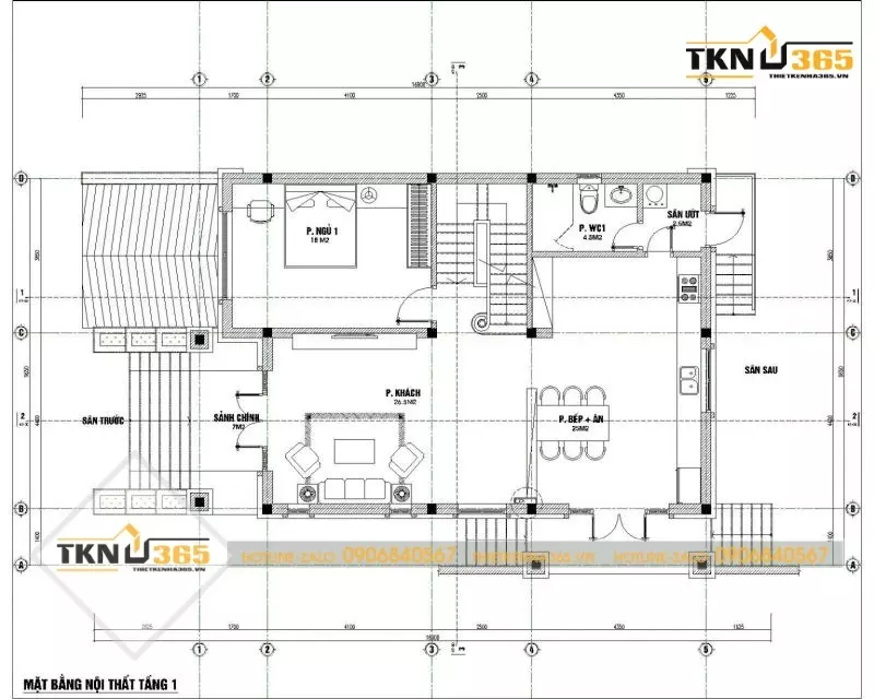 Bản vẽ mặt bằng nhà 2 tầng 100m2 tầng 1