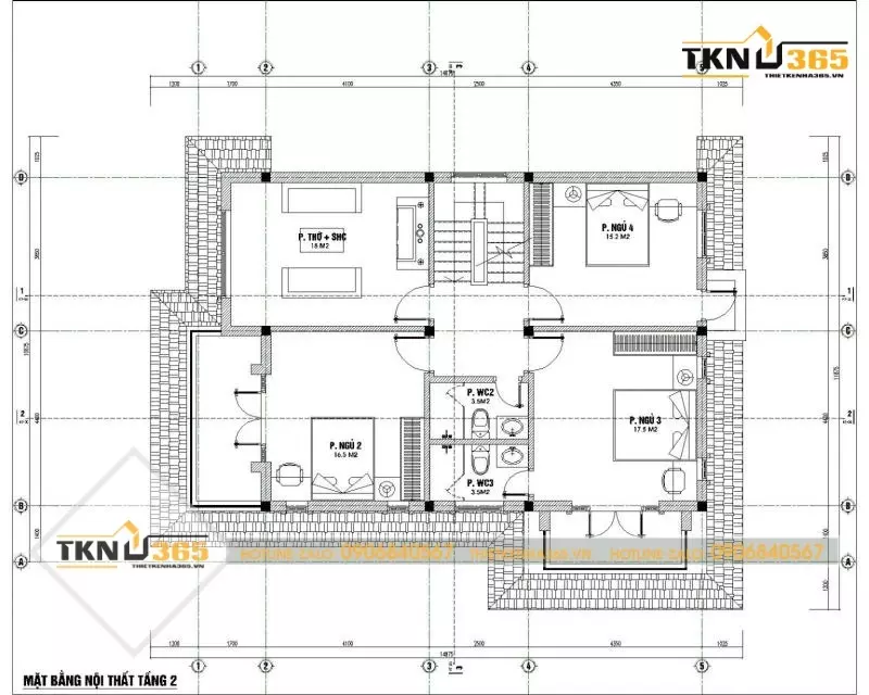 Bản vẽ mặt bằng nhà 2 tầng 100m2 tầng 2