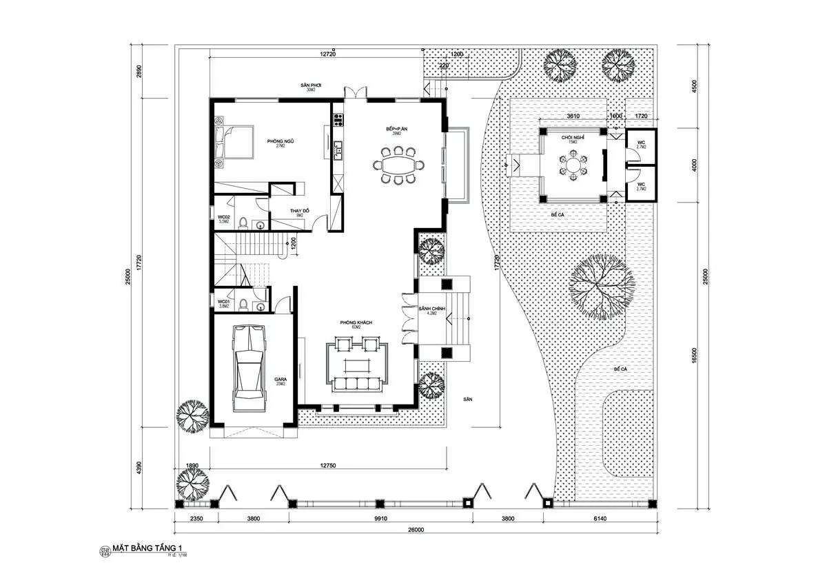 Bản vẽ bố trí công năng nhà 2 tầng 200m2 t1