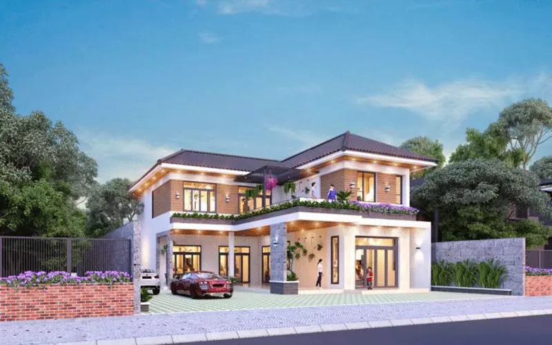 Mẫu nhà hình chữ L 150m2 có khuôn viên đỗ ô tô