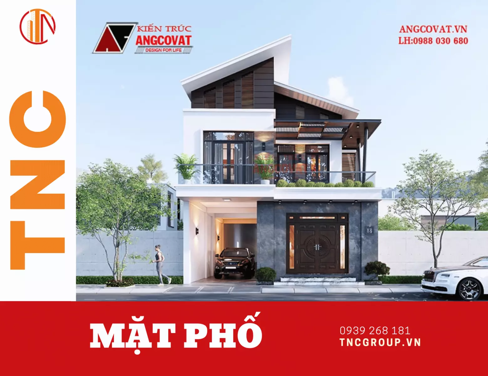 Mẫu biệt thự mái lệch 2 tầng mặt phố