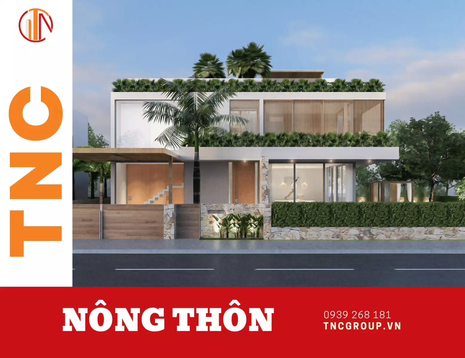 Nhà biệt thự mái bằng 2 tầng ở nông thôn