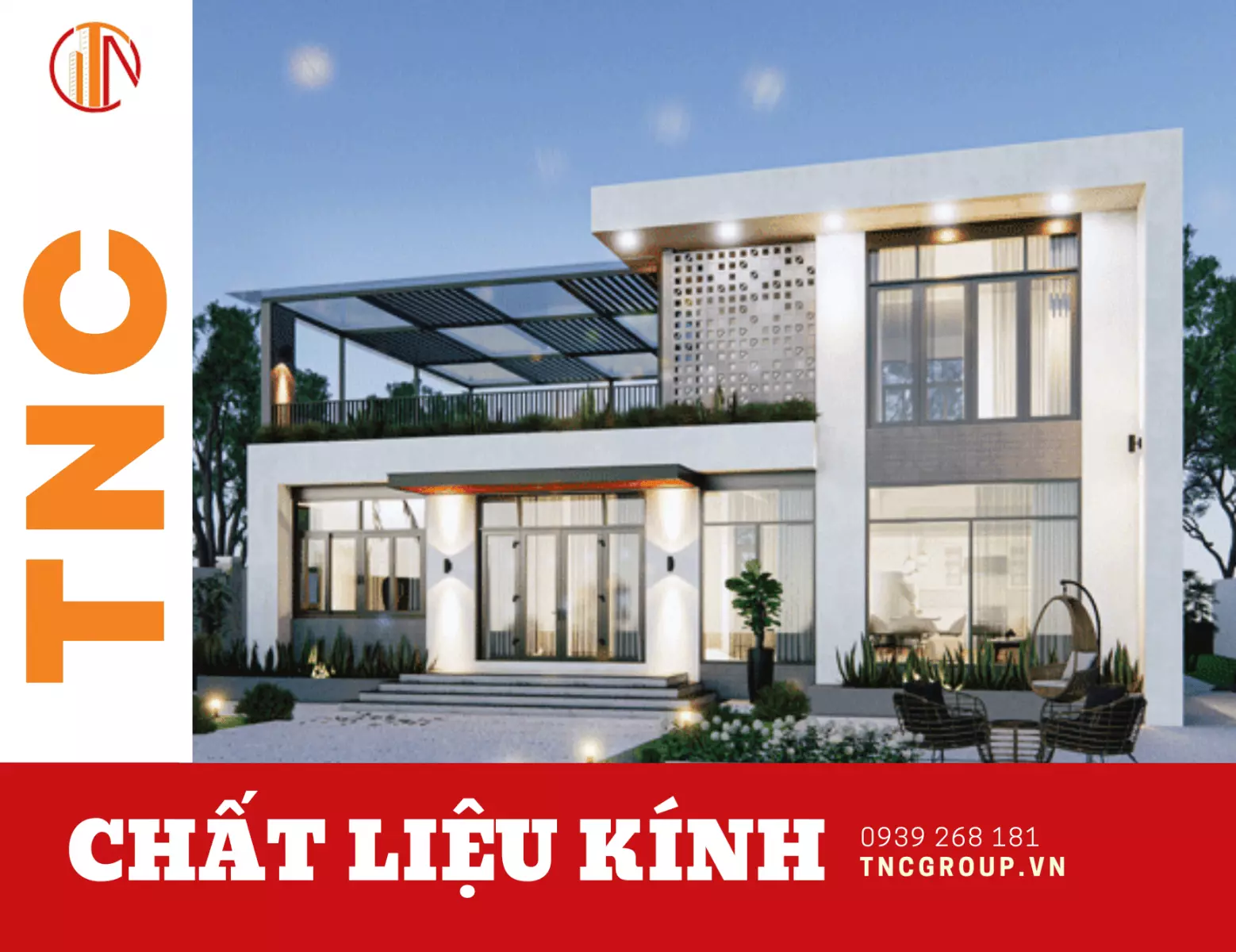 Mẫu nhà biệt thự 2 tầng mái bằng với chất liệu kính