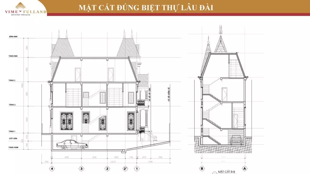 mặt cắt biệt thự lâu đài