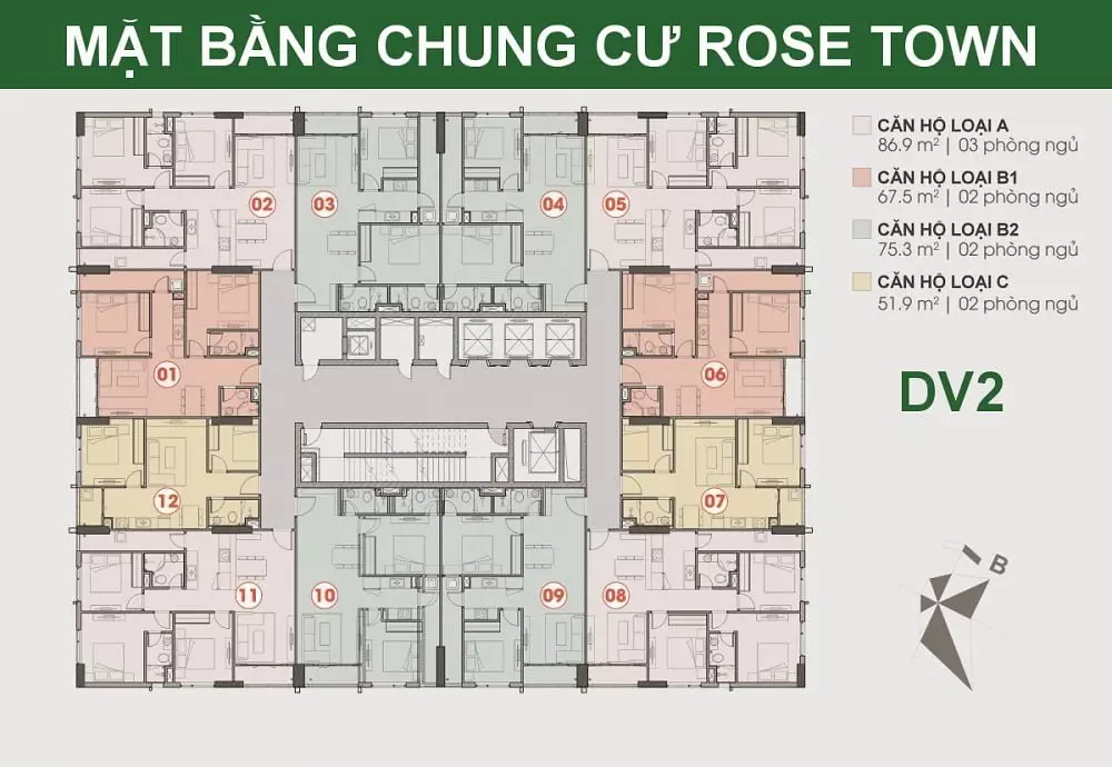 Mặt bằng tòa DV2 dự án chung cư Rose Town 79 Ngọc Hồi