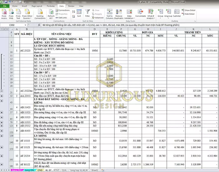 File excel dự toán biệt thự 2 tầng full