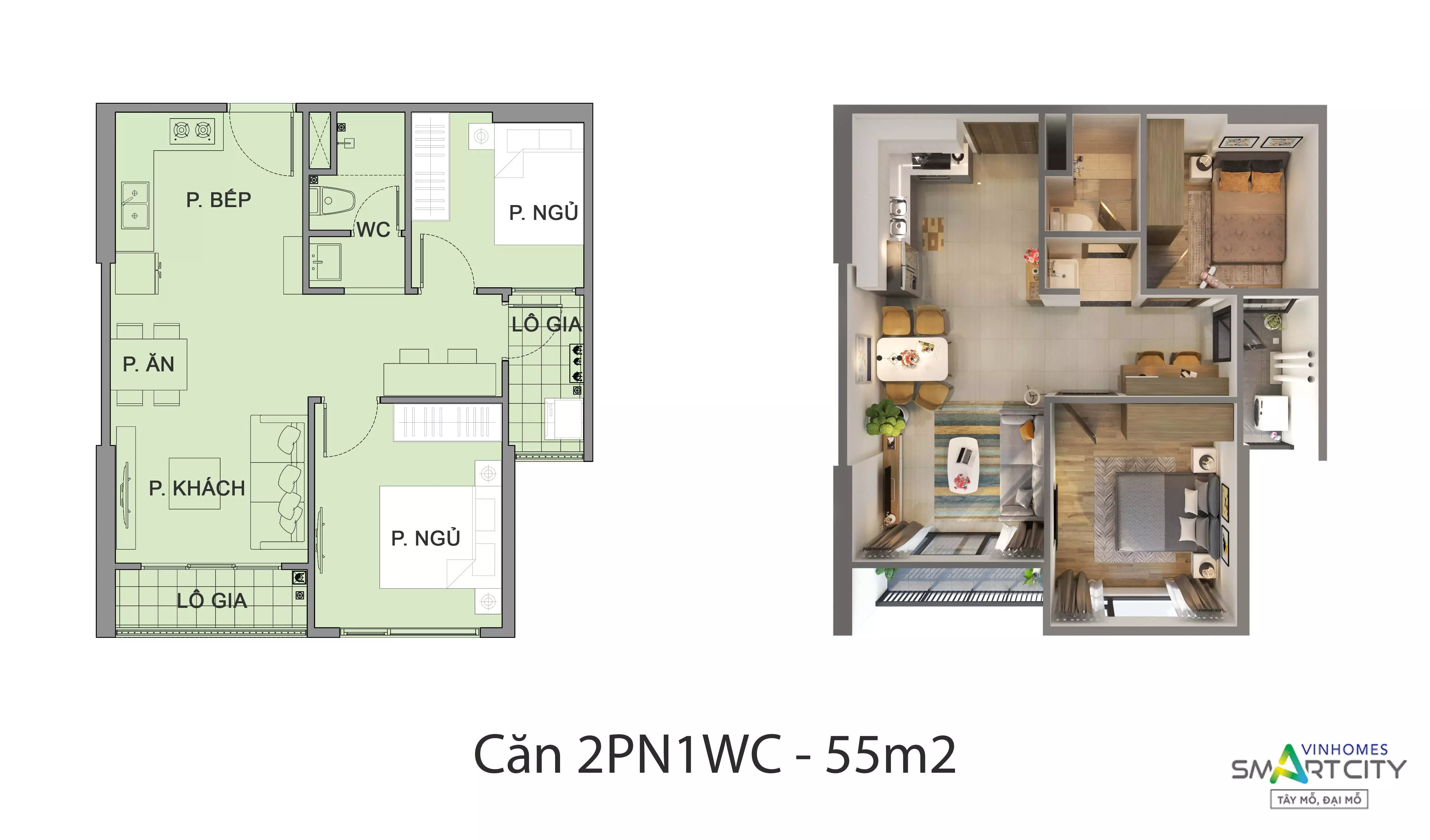 Thiết kế căn hộ 2 phòng ngủ (1WC) toà S2.05 Vinhomes Smart City