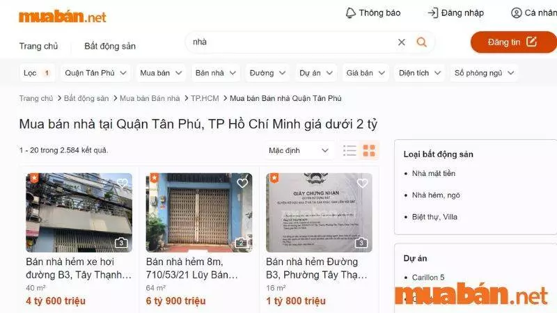 Thông tin mua bán nhà quận Tân Phú giá dưới 2 tỷ tại Muaban.net