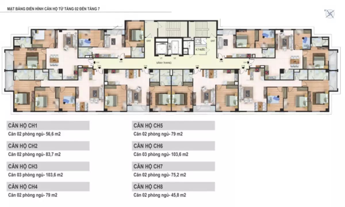 Mặt bằng tầng 2 đến tầng 7 tòa N02 Chung cư Yên Hòa Condominium ngõ 259 Yên Hòa