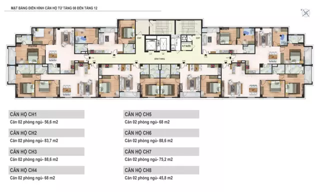 Mặt bằng tầng 8 đến tầng 12 tòa N02 Chung cư Yên Hòa Condominium ngõ 259 Yên Hòa