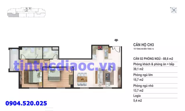 Căn hộ CH3 tầng 8 đến tầng 12 tòa N02 Chung cư Yên Hòa Condominium ngõ 259 Yên Hòa