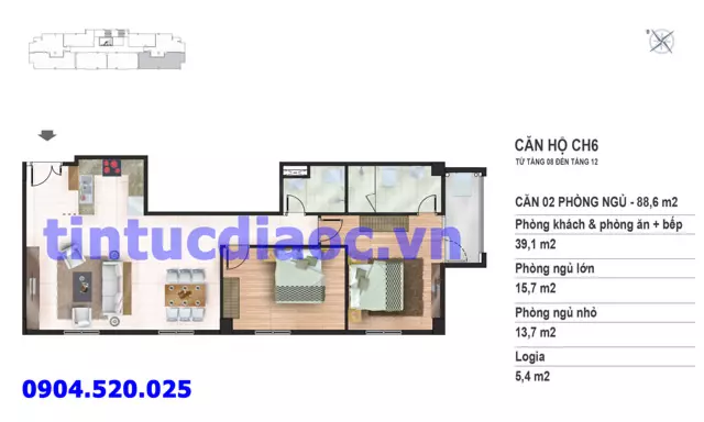 Căn hộ CH6 tầng 8 đến tầng 12 tòa N02 Chung cư Yên Hòa Condominium ngõ 259 Yên Hòa