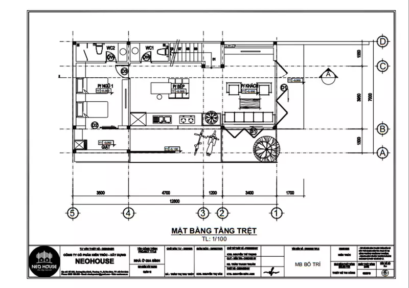 Mặt bằng tầng trệt nhà phố 2 tầng có gác lửng