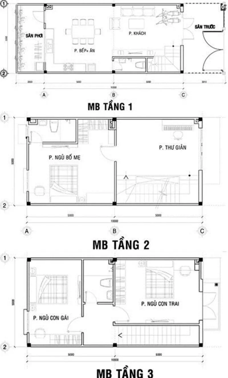 Bản vẽ thiết kế nhà 3 tầng 5x10m