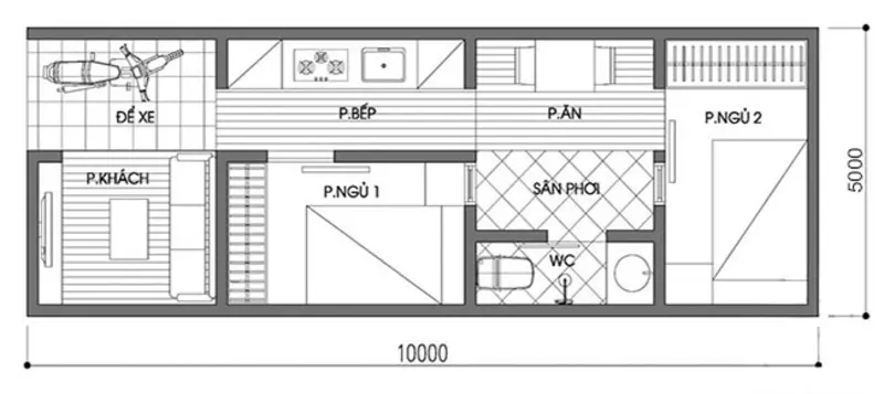 Bản vẽ nhà cấp 4 2 phòng ngủ 5x10