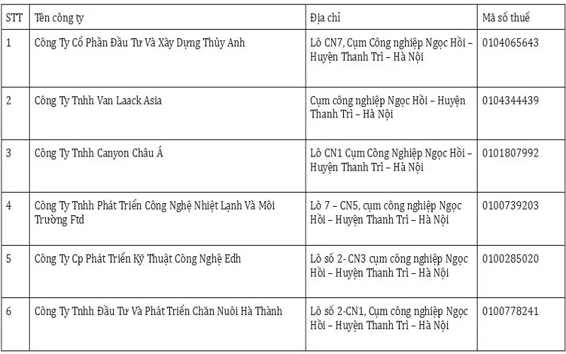 Danh sách công ty lớn kcn Ngọc Hồi