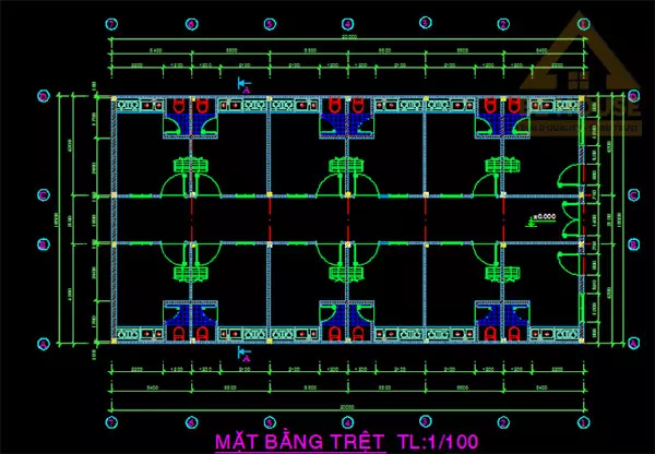 Mặt bằng trệt bản vẽ cad nhà trọ có gác lửng