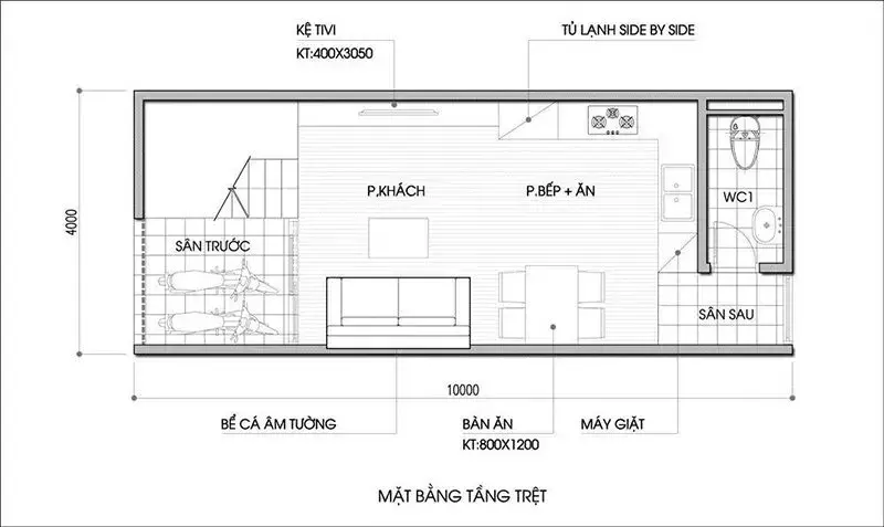 Thiết kế công năng tầng trệt nhà 2 mặt tiền đơn giản