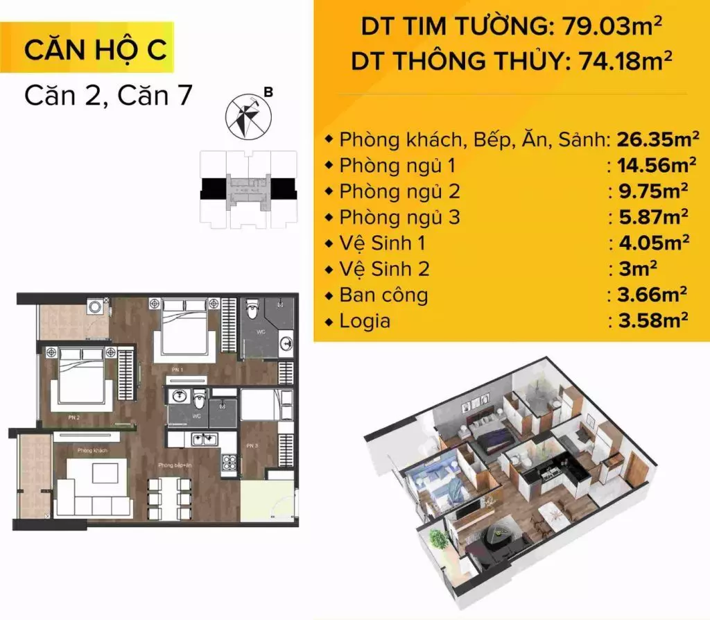 Dự án chung cư The Sun Mễ Trì mẫu căn hộ 3 và 6