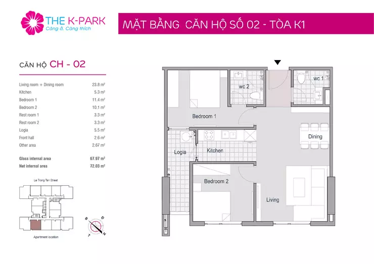 Mặt bằng thiết kế căn 02 toà K1 chung cư The K Park Văn Phú