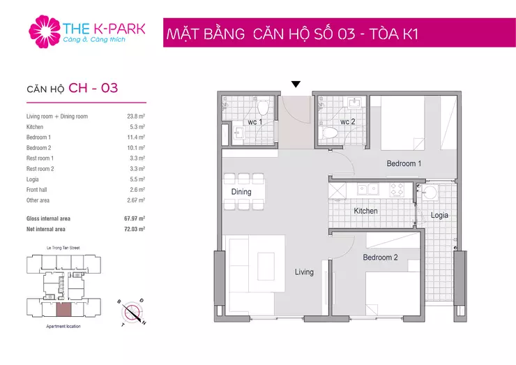 Mặt bằng thiết kế căn hộ 03 The K Park văn Phú