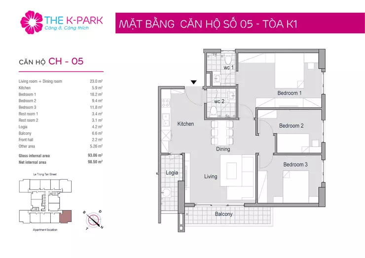 Mặt bằng thiết kế căn hộ 05 toà K1 The K Park Văn Phú