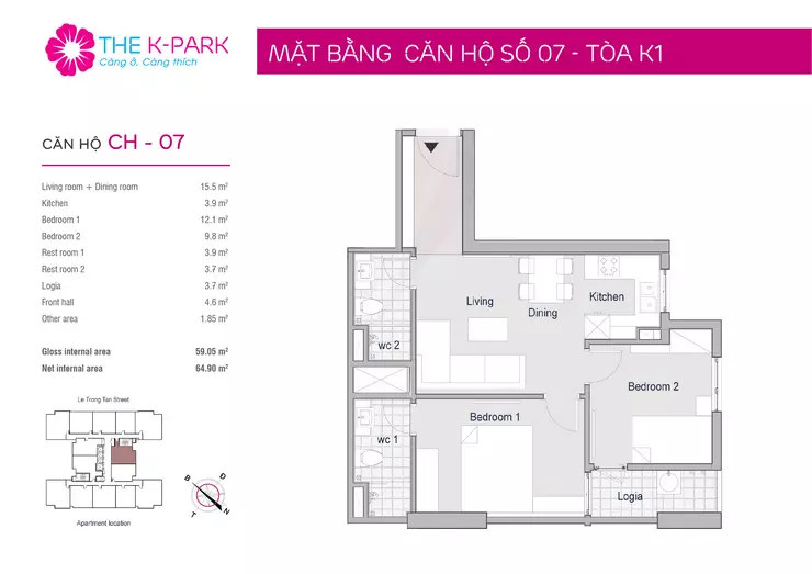 Mặt bằng căn hộ 07 toà K1 chung cư K Park Văn Phú