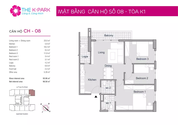 Mặt bằng căn hộ 08 chung cư The K Park Văn Phú