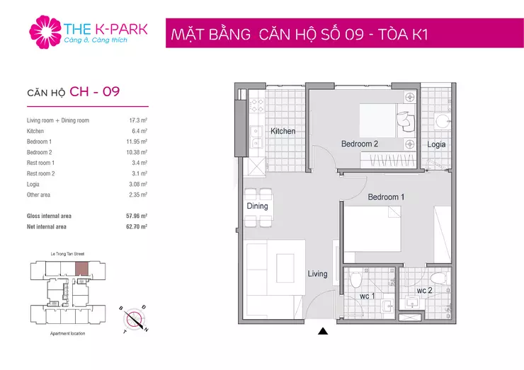 Mặt bằng căn hộ 09 chung cư The K Park Văn Phú