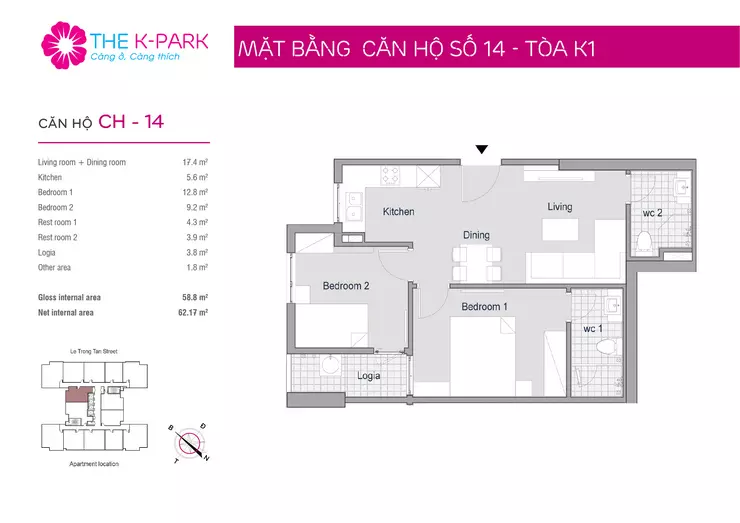 mặt bằng căn hộ 14 chung cư Kpark Văn Phú