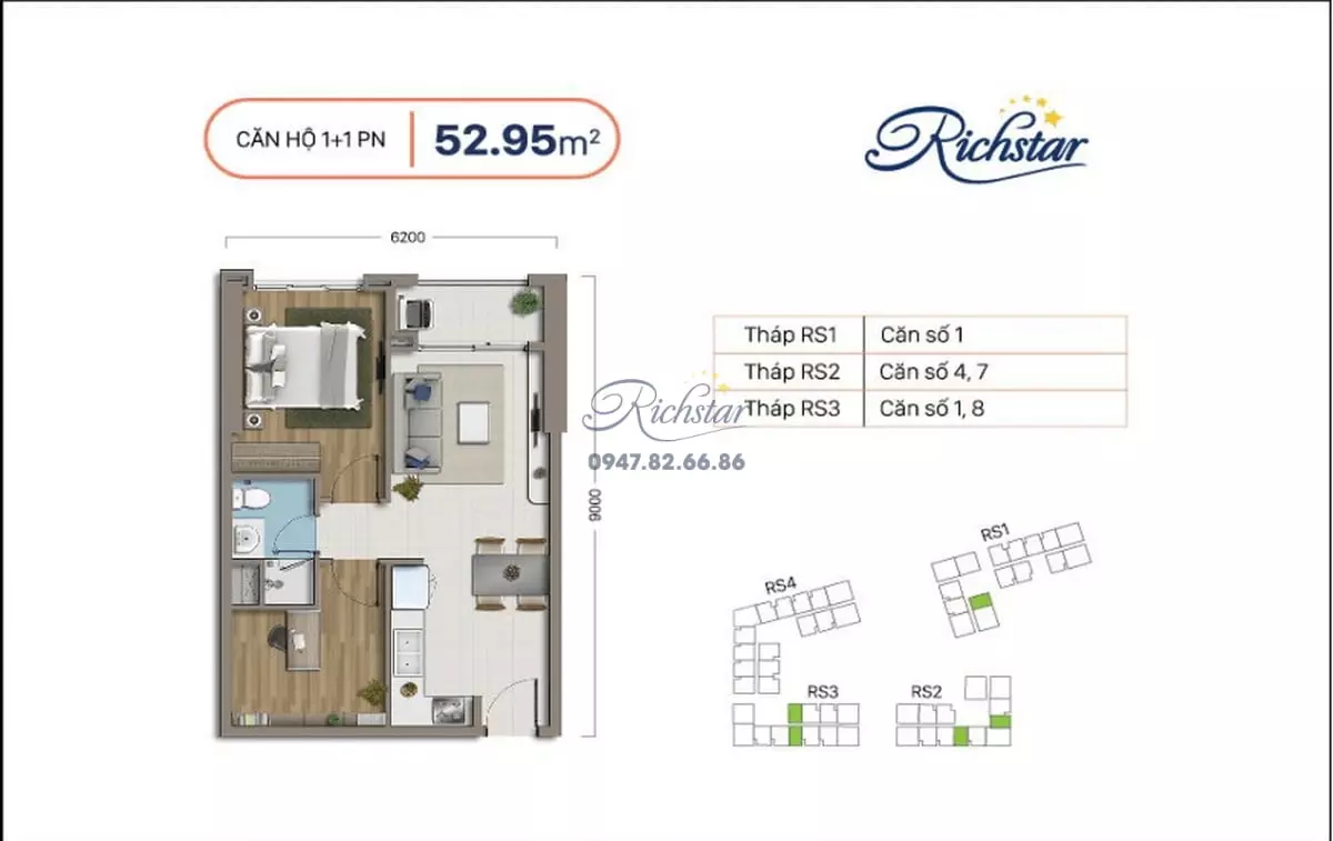 Mặt bằng căn hộ Richstar 3 phòng ngủ