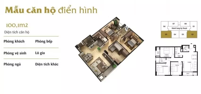 Mặt bằng căn hộ 02 và 05 diện tích 100.1m2