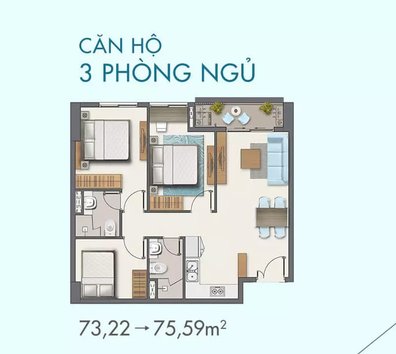 Thiết kế căn hộ Q7 Boulevard 3 phòng ngủ