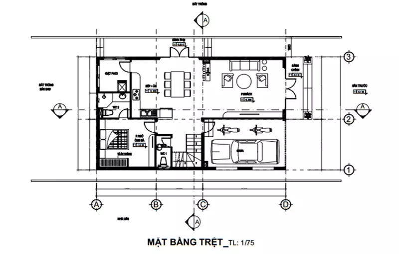 Mặt bằng tầng trệt nhà phố 2 tầng 90m2 mái thái