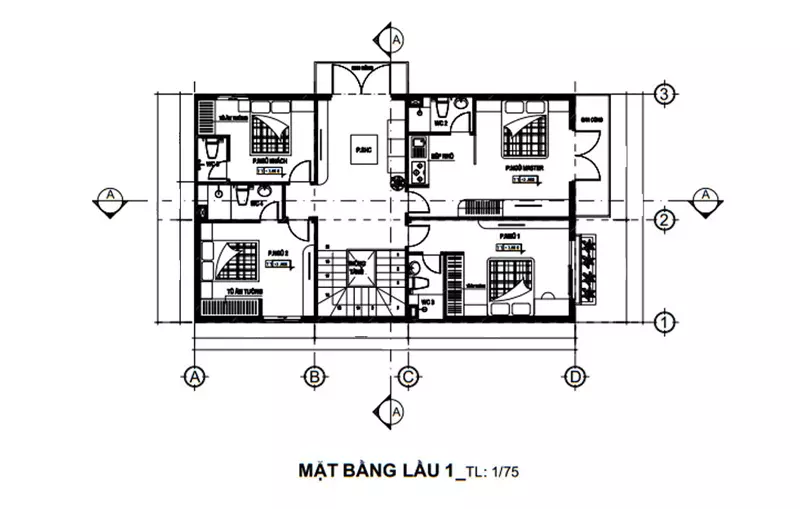 Bản vẽ mặt bằng lầu 1 nhà phố 2 tầng 90m2 mái thái