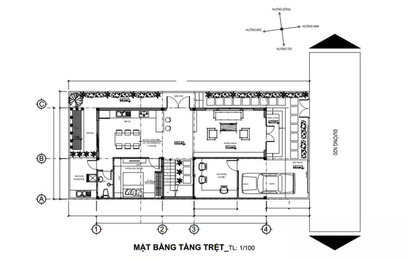 Mặt bằng tầng trệt nhà phố 2 tầng 90m2 mái bằng