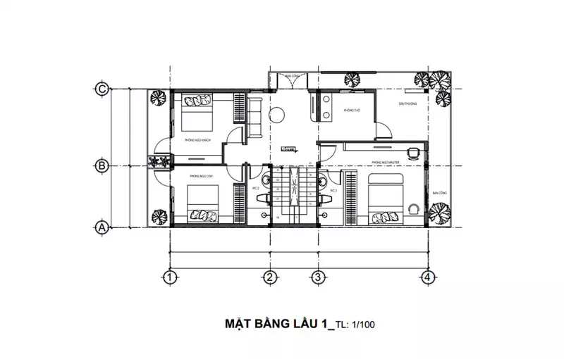 Bản vẽ mặt bằng lầu 1 nhà phố 2 tầng 90m2 mái bằng