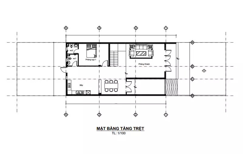 Bản vẽ mặt bằng tầng trệt nhà phố 2 tầng 90m2 hiện đại