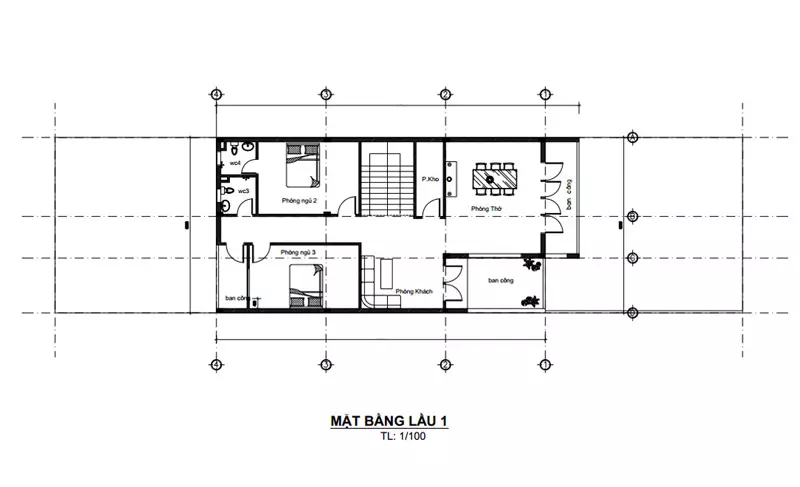 Bản vẽ mặt bằng lầu 1 nhà phố 2 tầng 90m2 hiện đại