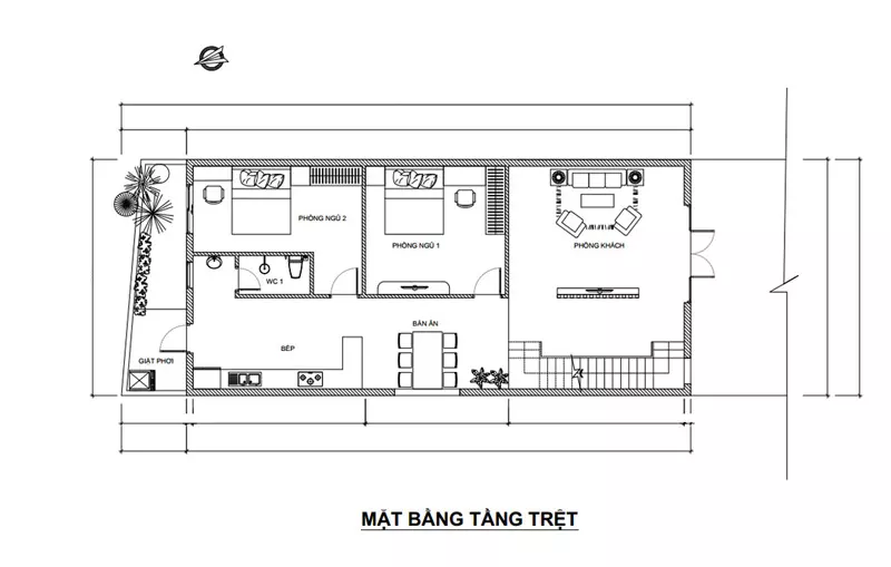 Bản vẽ mặt bằng tầng trệt nhà phố 2 tầng 90m2 đơn giản