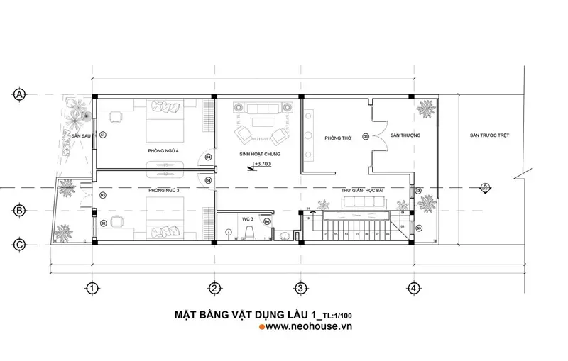 Bản vẽ mặt bằng lầu 1 nhà phố 2 tầng 90m2 đơn giản