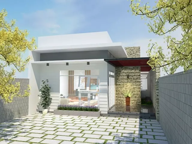 Nhà cấp 4 50m2 tone màu trắng hiện đại, có sân lát gạch