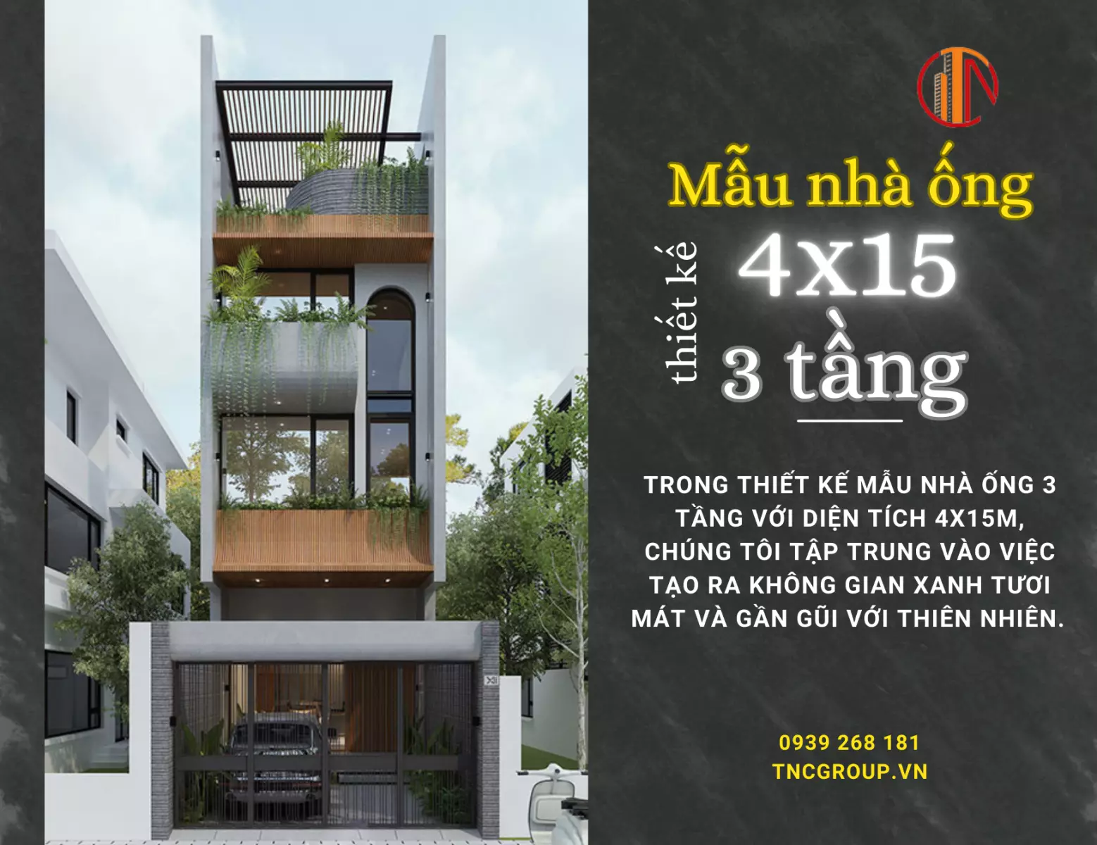 Thiết kế mẫu nhà ống 3 tầng 4x15m không gian xanh