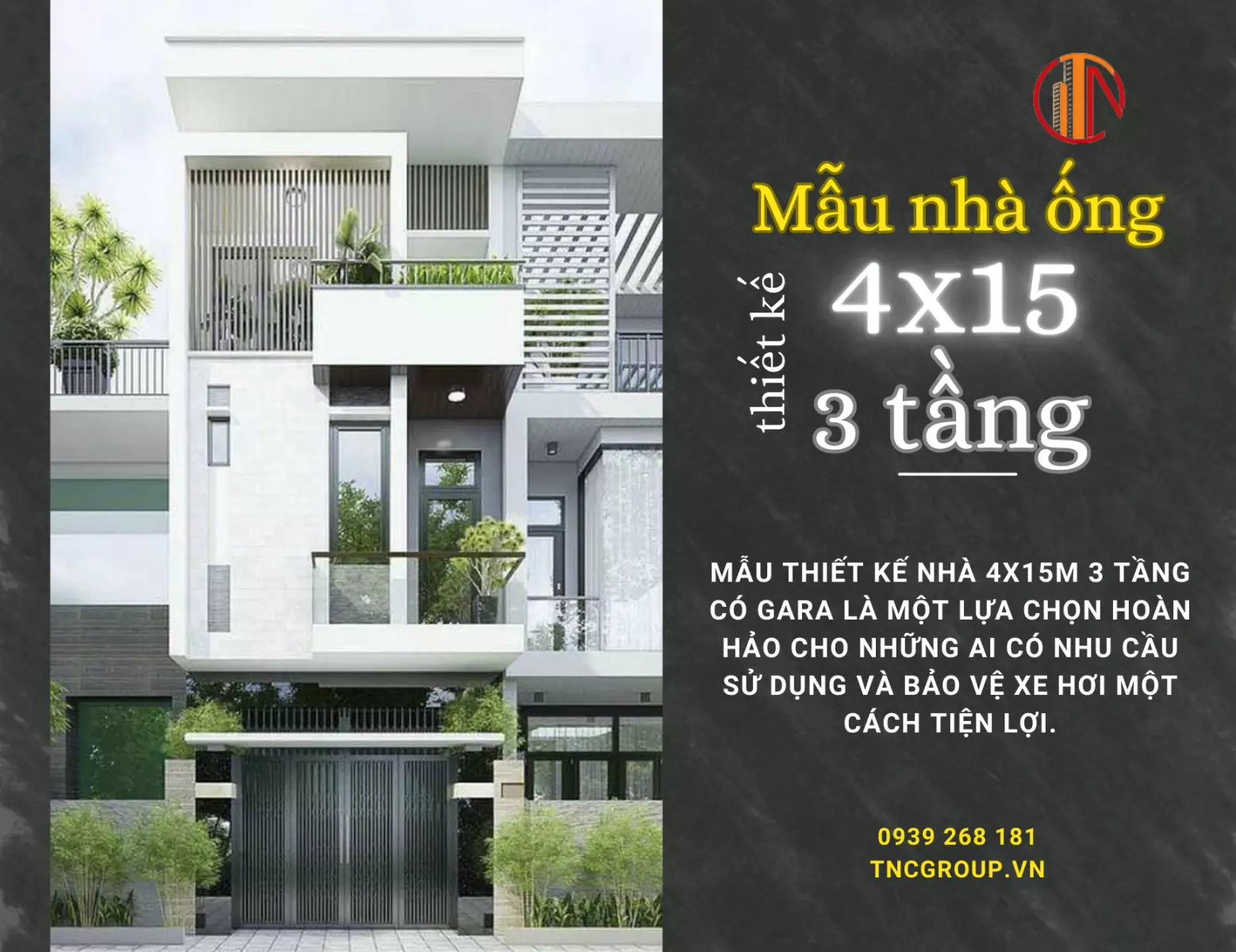 Mẫu thiết kế nhà 4x15m 3 tầng có gara